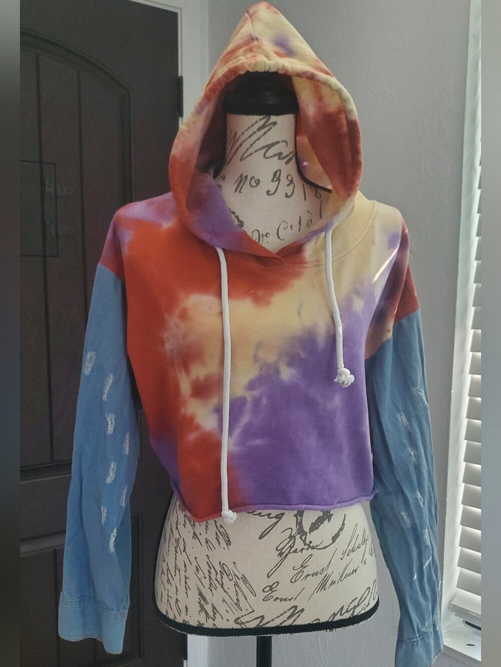Thrill 94 Cropped Tie-Dye Hoodie in Purple Orange Yellow with Denim Sleeves